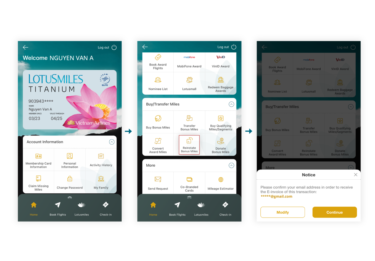 Instructions for reinstating bonus miles on the app 2.